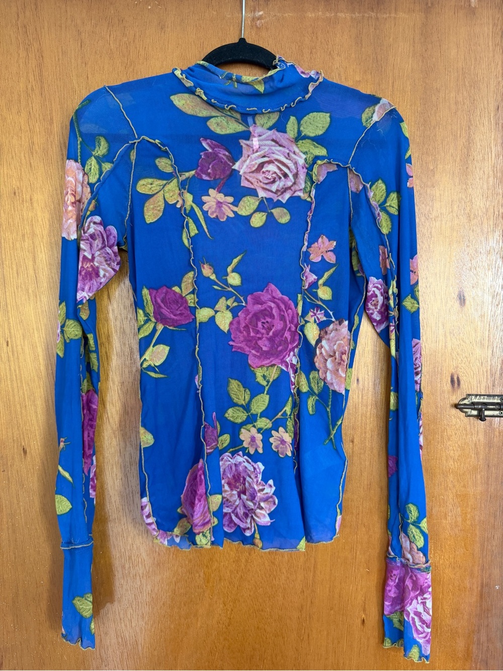 Free People Royal Blue Floral Mesh Long Sleeve Top